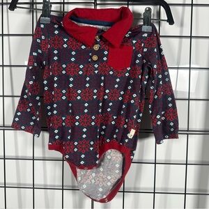 Burt’s Bees Baby Navy Blue/Red/White Snowflake Short Sleeve Collared Onesie 18M